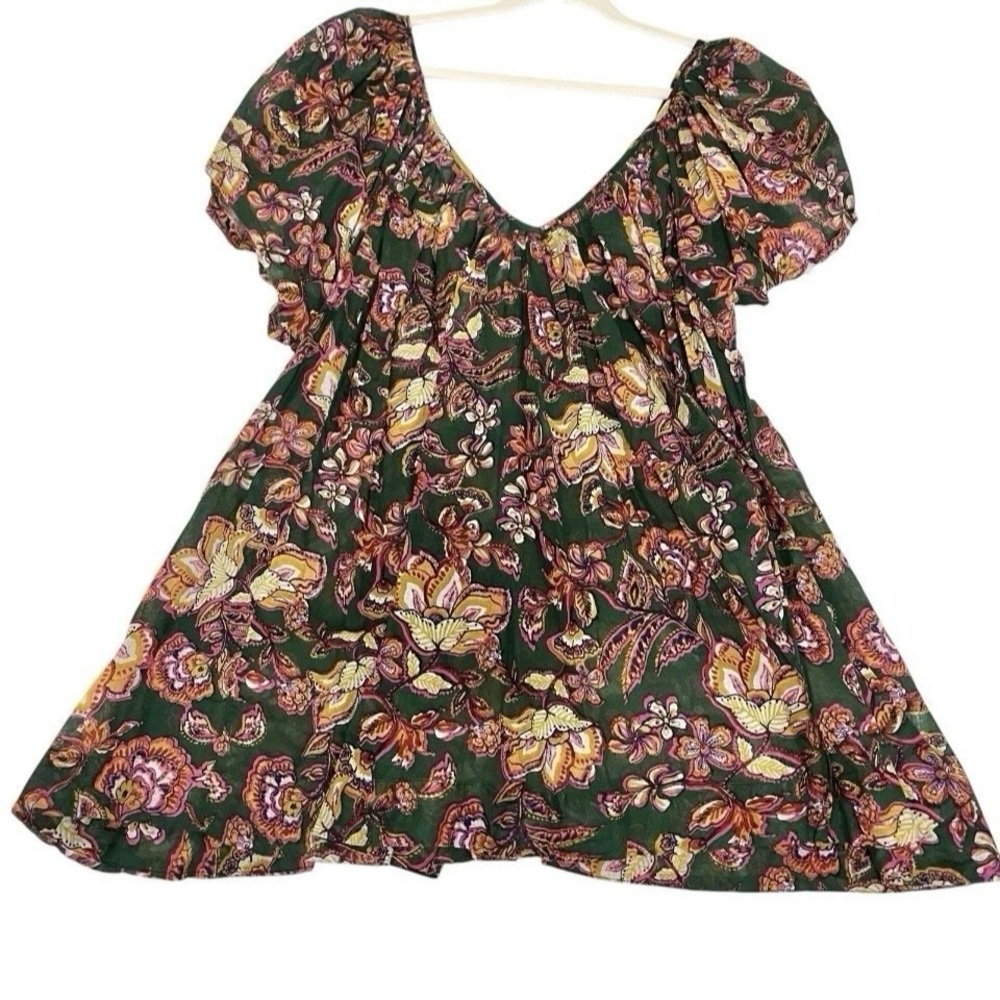 Free People Green Floral Babydoll Mini Dress Puff Sleeve Pockets Large Boho